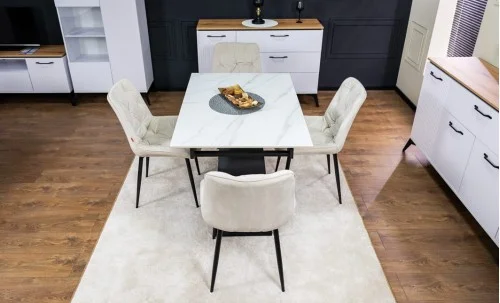Set Masă Living Extensibilă KJT417 Albă cu 4 Scaune KJC0357 Bej