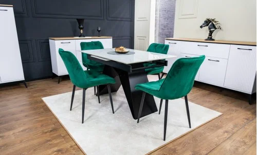 Set Masă Living Extensibilă KJT417 Albă cu 4 Scaune KJC0357 Verzi