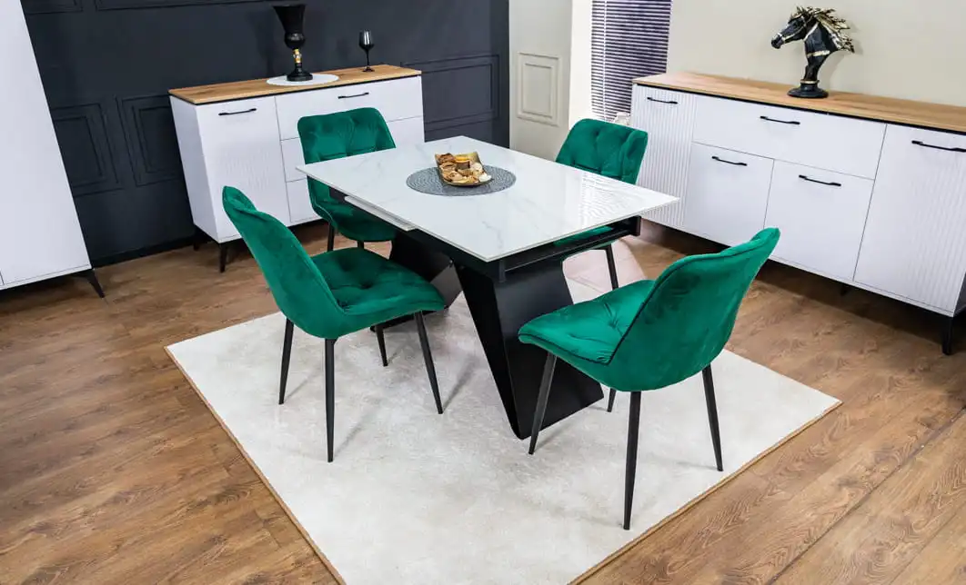 Set Masă Living Extensibilă KJT417 Albă cu 4 Scaune KJC0357 Verzi