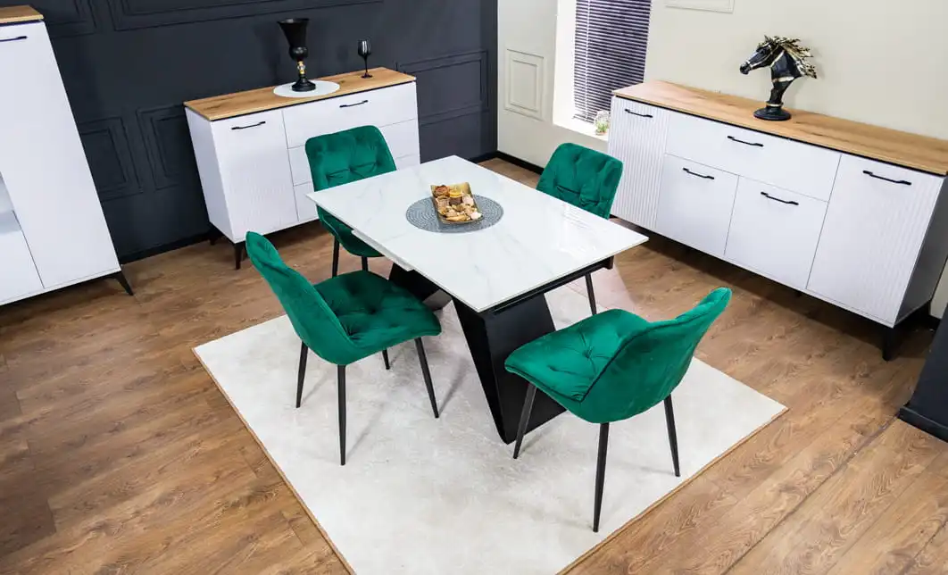 Set Masă Living Extensibilă KJT417 Albă cu 4 Scaune KJC0357 Verzi 1
