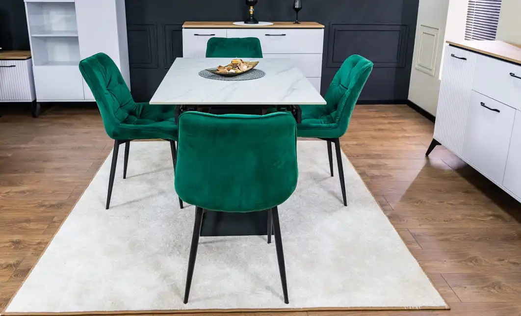 Set Masă Living Extensibilă KJT417 Albă cu 4 Scaune KJC0357 Verzi 3