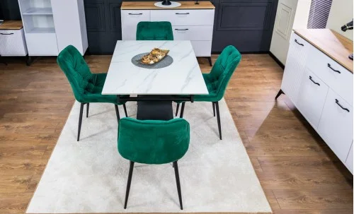 Set Masă Living Extensibilă KJT417 Albă cu 4 Scaune KJC0357 Verzi