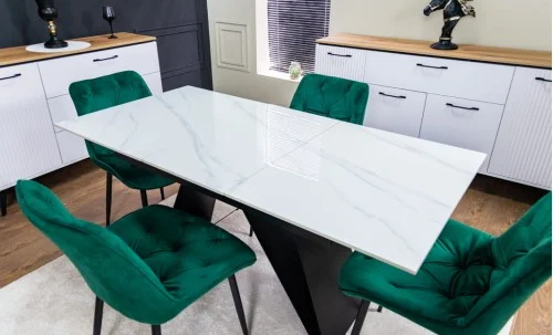 Set Masă Living Extensibilă KJT417 Albă cu 4 Scaune KJC0357 Verzi
