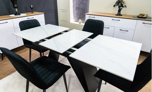 Set Masă Living Extensibilă KJT417 Albă cu 4 Scaune KJC176 Negre