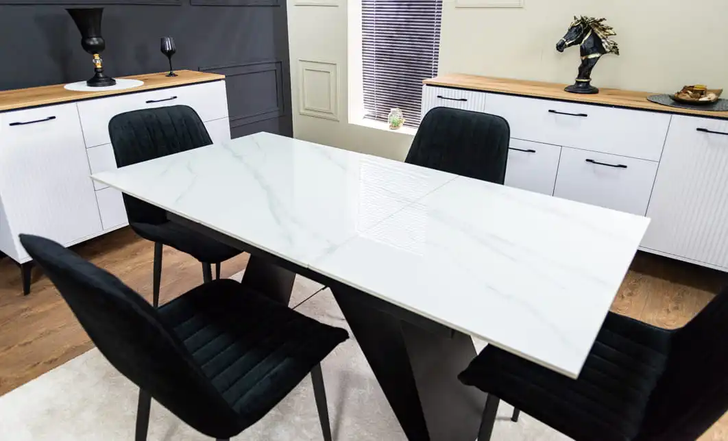 Set Masă Living Extensibilă KJT417 Albă cu 4 Scaune KJC176 Negre 7