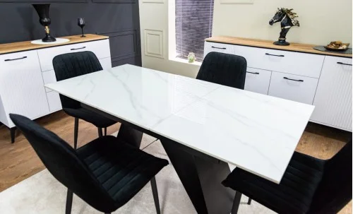 Set Masă Living Extensibilă KJT417 Albă cu 4 Scaune KJC176 Negre