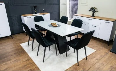 Set Masă Living Extensibilă KJT417 Albă cu 6 Scaune KJC176 Negre