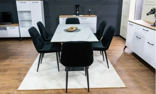 Set Masă Living Extensibilă KJT417 Albă cu 6 Scaune KJC176 Negre