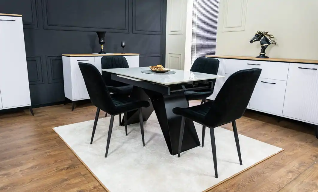 Set Masă Living Extensibilă KJT417 Albă cu 4 Scaune KJC176 Negre 4