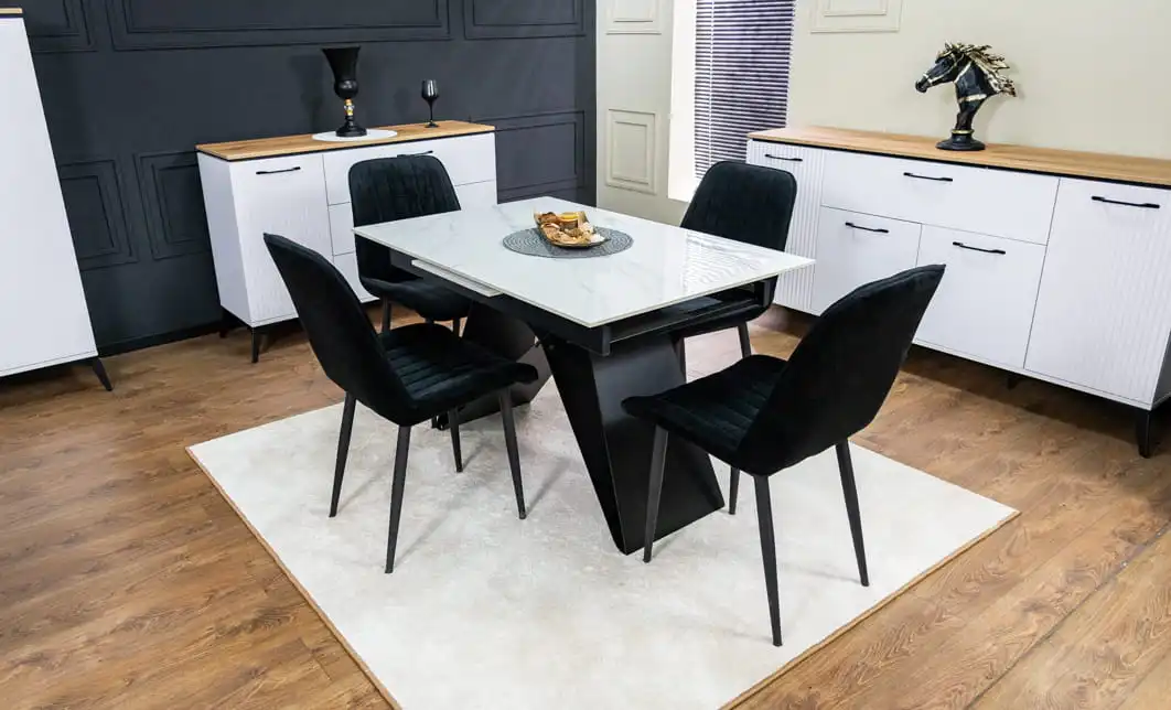 Set Masă Living Extensibilă KJT417 Albă cu 4 Scaune KJC176 Negre