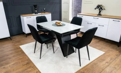 Set Masă Living Extensibilă KJT417 Albă cu 4 Scaune KJC176 Negre