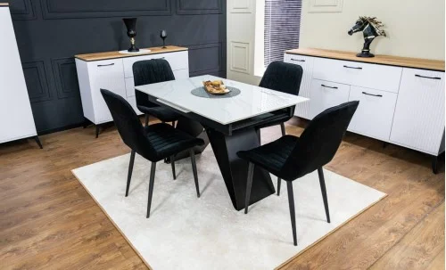 Set Masă Living Extensibilă KJT417 Albă cu 4 Scaune KJC176 Negre