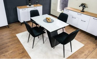 Set Masă Living Extensibilă KJT417 Albă cu 4 Scaune KJC176 Negre