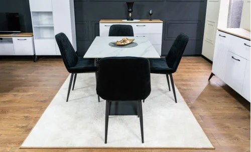 Set Masă Living Extensibilă KJT417 Albă cu 4 Scaune KJC176 Negre