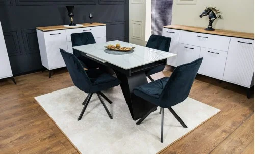 Set Masă Living Extensibilă KJT417 Albă cu 4 Scaune KJC356 Negre