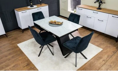 Set Masă Living Extensibilă KJT417 Albă cu 4 Scaune KJC356 Negre