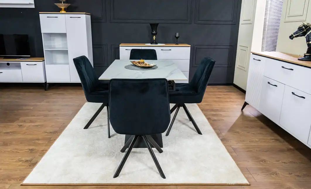 Set Masă Living Extensibilă KJT417 Albă cu 4 Scaune KJC356 Negre 3