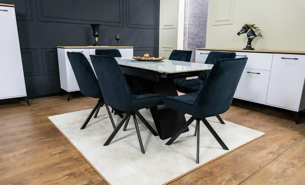 Set Masă Living Extensibilă KJT417 Albă cu 6 Scaune KJC356 Negre 4