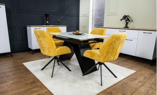 Set Masă Living Extensibilă KJT417 Albă cu 4 Scaune KJC4347 Galbene
