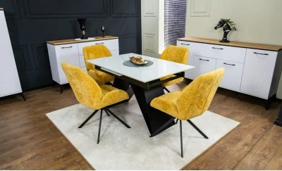 Set Masă Living Extensibilă KJT417 Albă cu 4 Scaune KJC4347 Galbene