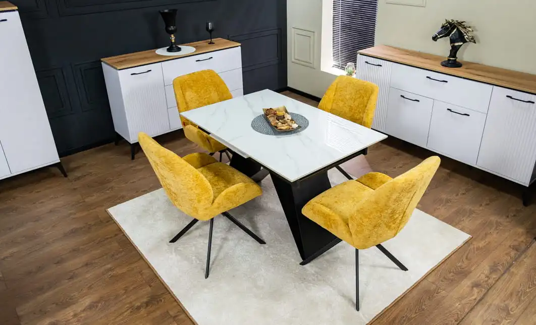Set Masă Living Extensibilă KJT417 Albă cu 4 Scaune KJC4347 Galbene 2
