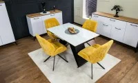 Set Masă Living Extensibilă KJT417 Albă cu 4 Scaune KJC4347 Galbene