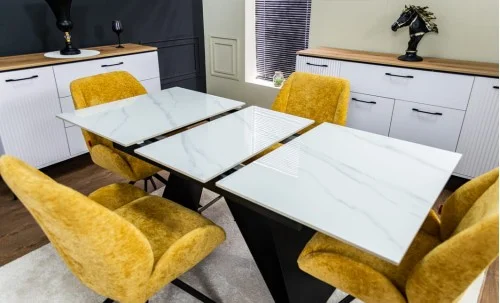 Set Masă Living Extensibilă KJT417 Albă cu 4 Scaune KJC4347 Galbene