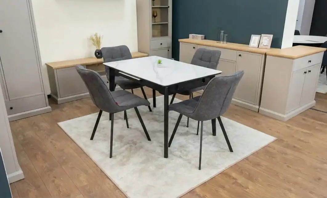 Set Masă Living Extensibilă KJT4711-1 Alb cu 4 Scaune DCM1801CF Gri