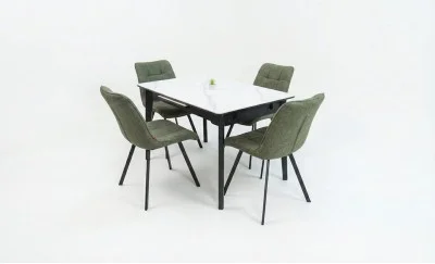 Set Masă Living Extensibilă KJT4711-1 Alb cu 4 Scaune DCM1801CF Verzi
