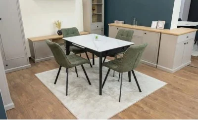 Set Masă Living Extensibilă KJT4711-1 Alb cu 4 Scaune DCM1801CF Verzi