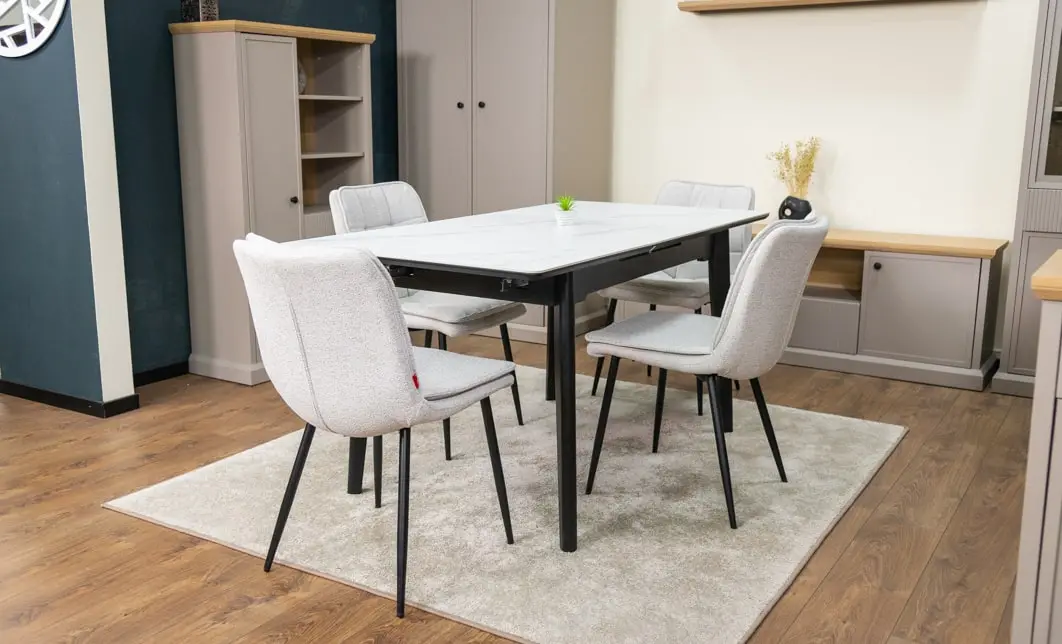 Set Masă Living Extensibilă KJT4711-1 Alb cu 4 Scaune Tapițate DCM2001AF Bej 4