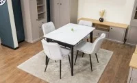 Set Masă Living Extensibilă KJT4711-1 Alb cu 4 Scaune Tapițate DCM2001AF Bej 7