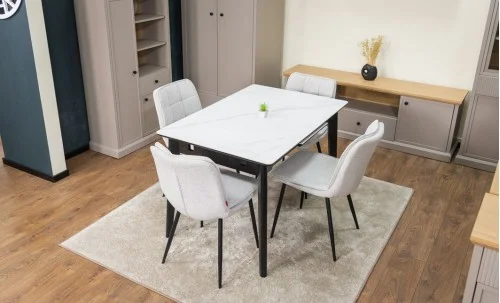 Set Masă Living Extensibilă KJT4711-1 Alb cu 4 Scaune Tapițate DCM2001AF Bej
