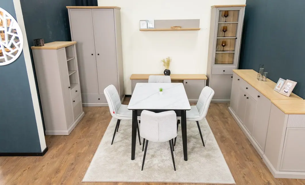 Set Masă Living Extensibilă KJT4711-1 Alb cu 4 Scaune Tapițate DCM2001AF Bej 9