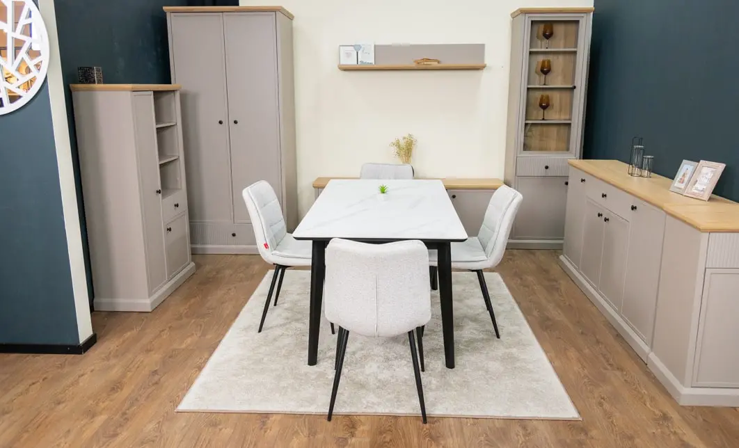Set Masă Living Extensibilă KJT4711-1 Alb cu 4 Scaune Tapițate DCM2001AF Bej