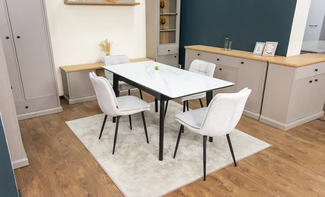 Set Masă Living Extensibilă KJT4711-1 Alb cu 4 Scaune Tapițate DCM2001AF Bej 3