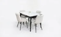 Set Masă Living Extensibilă KJT4711-1 Alb cu 4 Scaune Tapițate DCM2001AF Bej