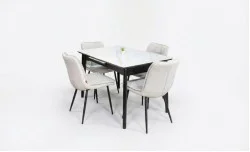 Set Masă Living Extensibilă KJT4711-1 Alb cu 4 Scaune Tapițate DCM2001AF Bej