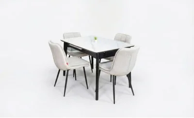Set Masă Living Extensibilă KJT4711-1 Alb cu 4 Scaune Tapițate DCM2001AF Bej