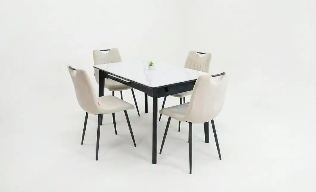 Set Masă Living Extensibilă KJT4711-1 Alb cu 4 Scaune KJC0358 Bej 2