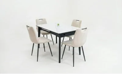Set Masă Living Extensibilă KJT4711-1 Alb cu 4 Scaune KJC0358 Bej