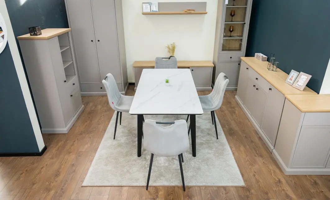 Set Masă Living Extensibilă KJT4711-1 Alb cu 4 Scaune KJC0358 Gri
