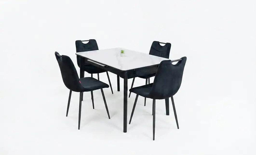 Set Masă Living Extensibilă KJT4711-1 Alb cu 4 Scaune KJC0358 Negre 2