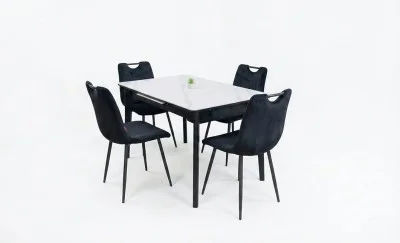 Set Masă Living Extensibilă KJT4711-1 Alb cu 4 Scaune KJC0358 Negre
