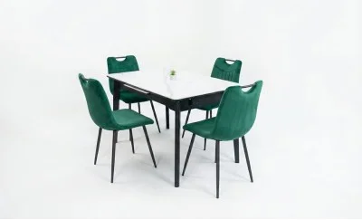 Set Masă Living Extensibilă KJT4711-1 Alb cu 4 Scaune KJC0358 Verzi