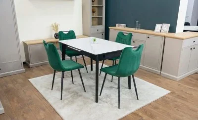 Set Masă Living Extensibilă KJT4711-1 Alb cu 4 Scaune KJC0358 Verzi