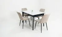 Set Masă Living Extensibilă KJT4711-1 Alb cu 4 Scaune KJC176 Bej