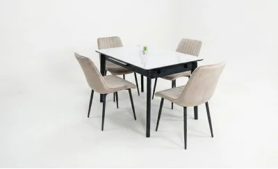 Set Masă Living Extensibilă KJT4711-1 Alb cu 4 Scaune KJC176 Bej