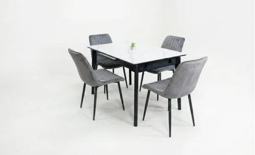 Set Masă Living Extensibilă KJT4711-1 Alb cu 4 Scaune KJC176 Gri
