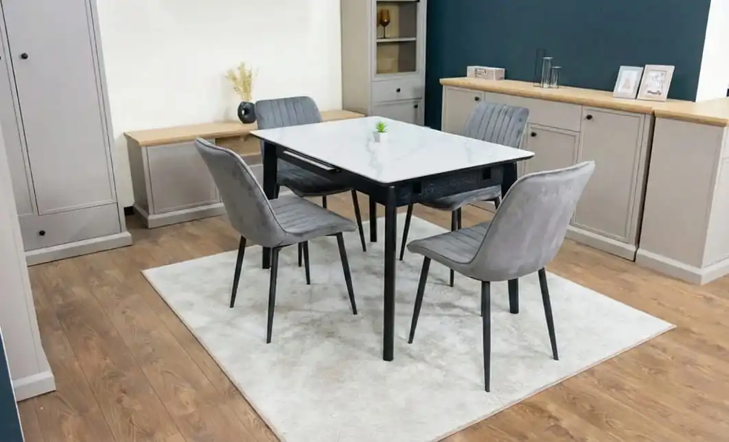 Set Masă Living Extensibilă KJT4711-1 Alb cu 4 Scaune KJC176 Gri